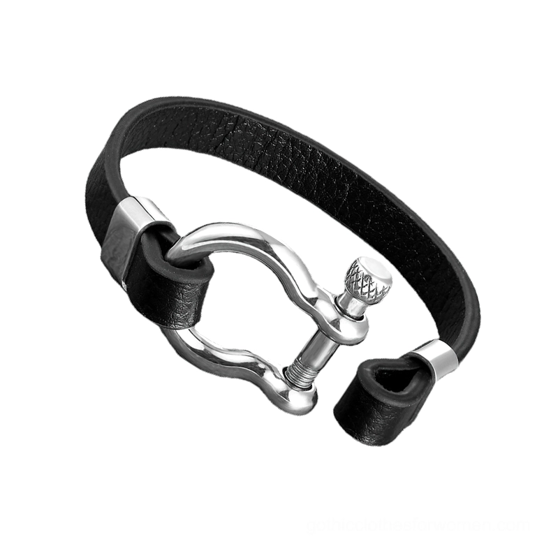 Black genuine leather bracelet with polished silver stainless steel geometric toggle clasp, side profile view