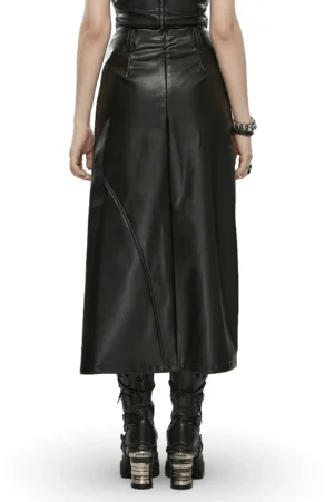 Gothic split skirt back view showing concealed zipper closure and tailored seam construction, dark fashion model wear