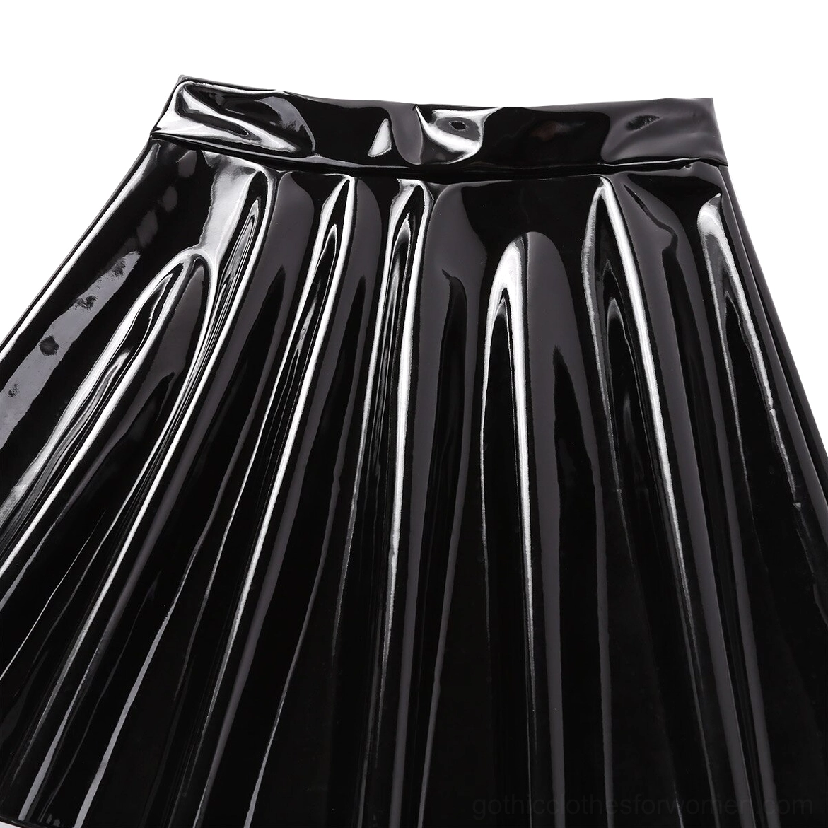 Black gothic mini skirt hem and waistband close-up, dramatic flared pleats and glossy PU leather surface