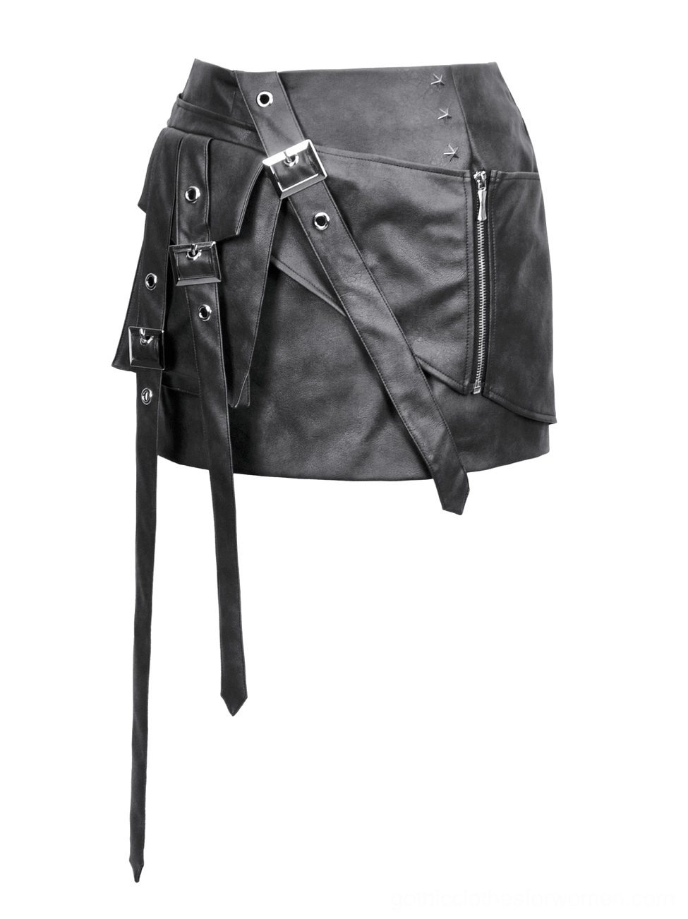 Black faux leather mini skirt side profile showing side zipper closure and multi hanging buckle straps