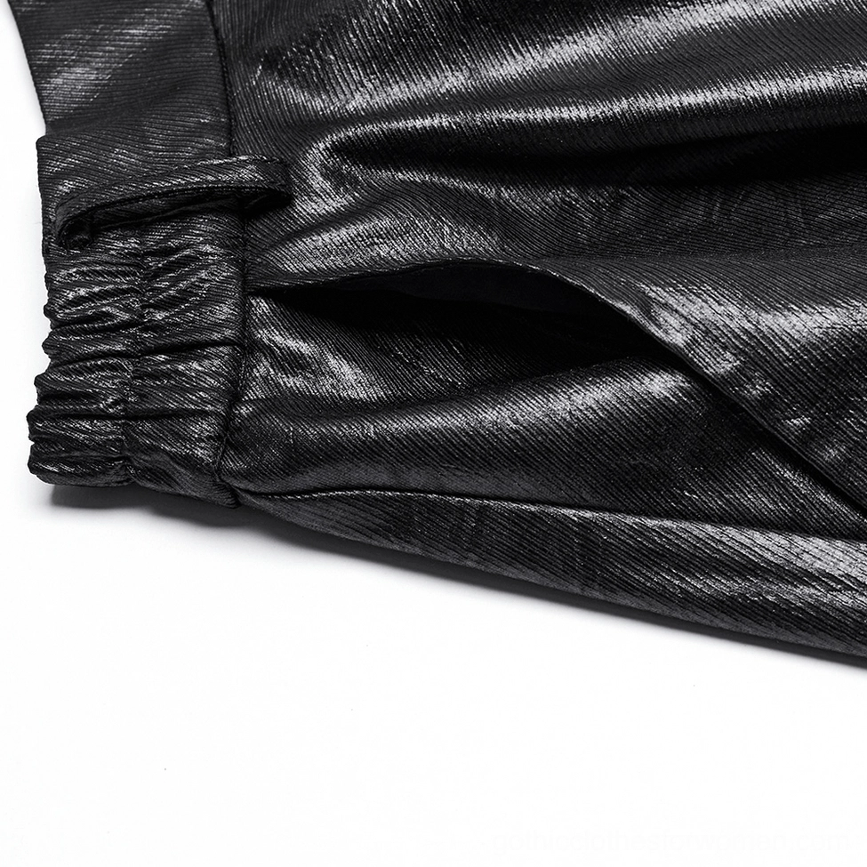 Black faux leather asymmetrical skirt with wrinkled texture and pointed handkerchief hem detail