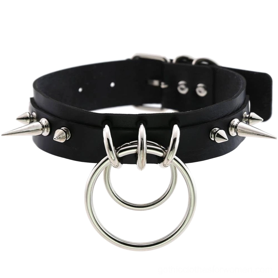 Black spiked PU leather choker with double O-rings, silver spike studs, and adjustable strap detail, front flat view
