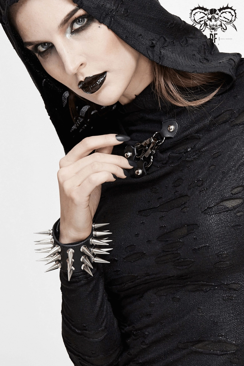 Black spiked leather cuff bracelet showcasing complete design with adjustable snap buttons and alternative fashion styling
