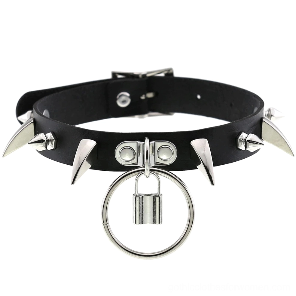 Black PU leather spiked choker with lock pendant and ring charm flat lay close-up