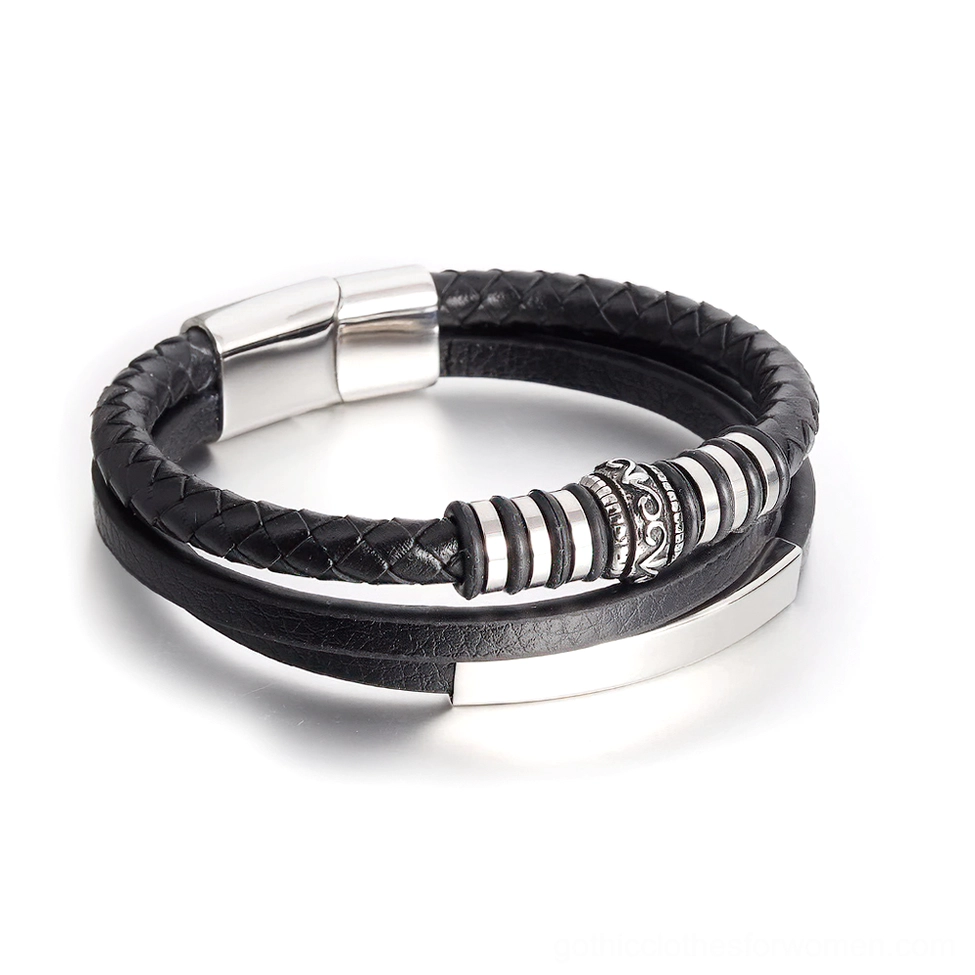 Black leather stainless steel gothic bracelet with magnetic clasp front flat lay view