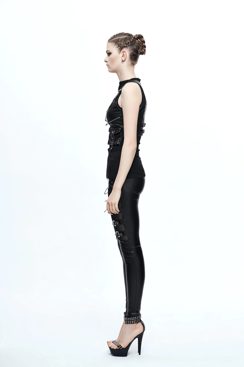 Black leather steampunk waistcoat detailed view of construction and fabric quality