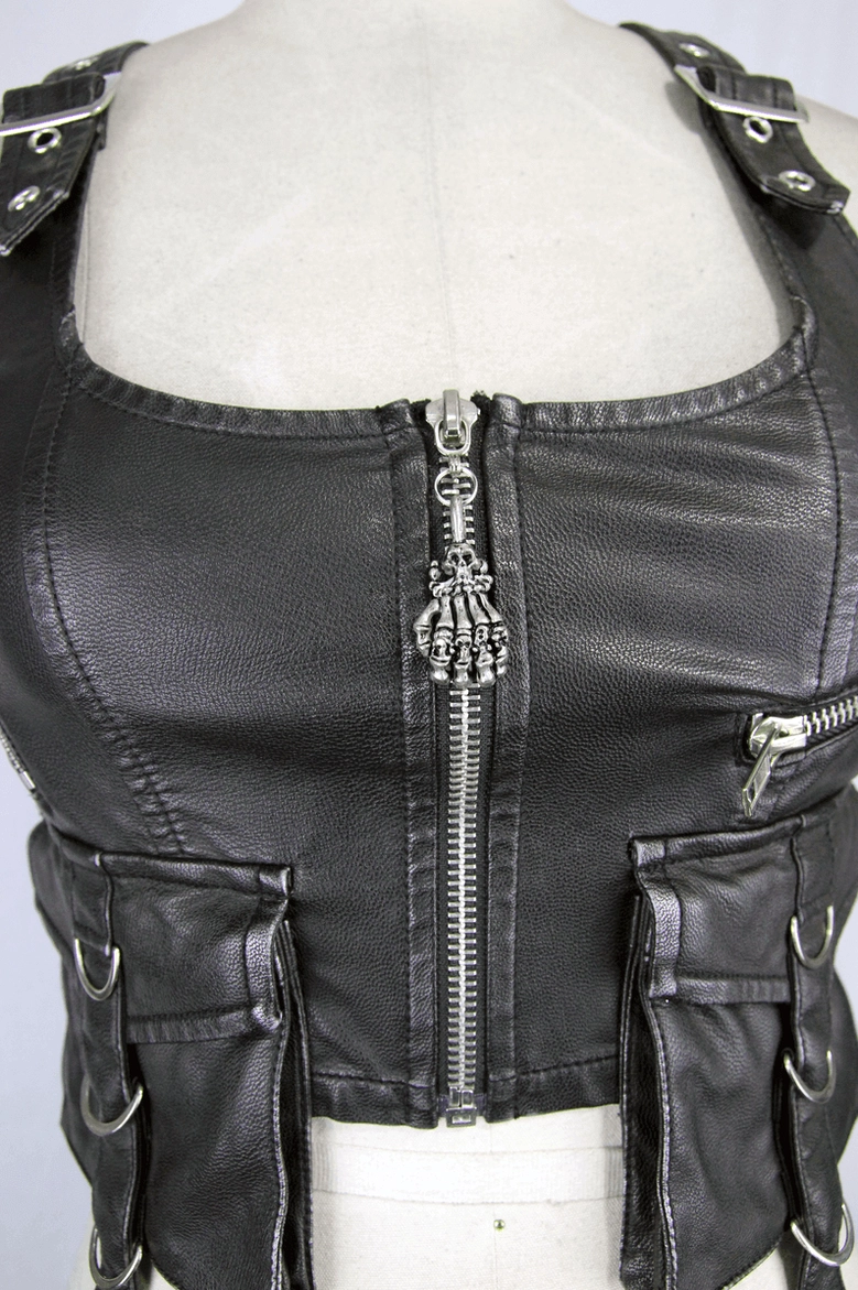 Black leather vest front close-up detail showing skull zipper pull and dual side cargo pockets