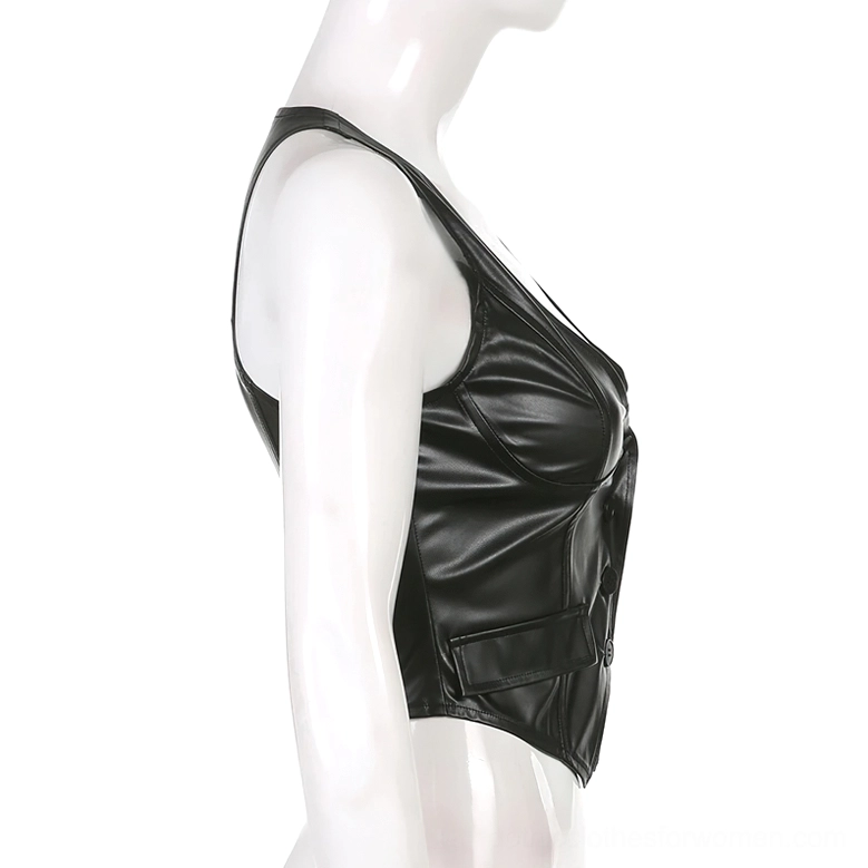 Black PU leather cropped waistcoat left side view on mannequin, slim profile with seam details