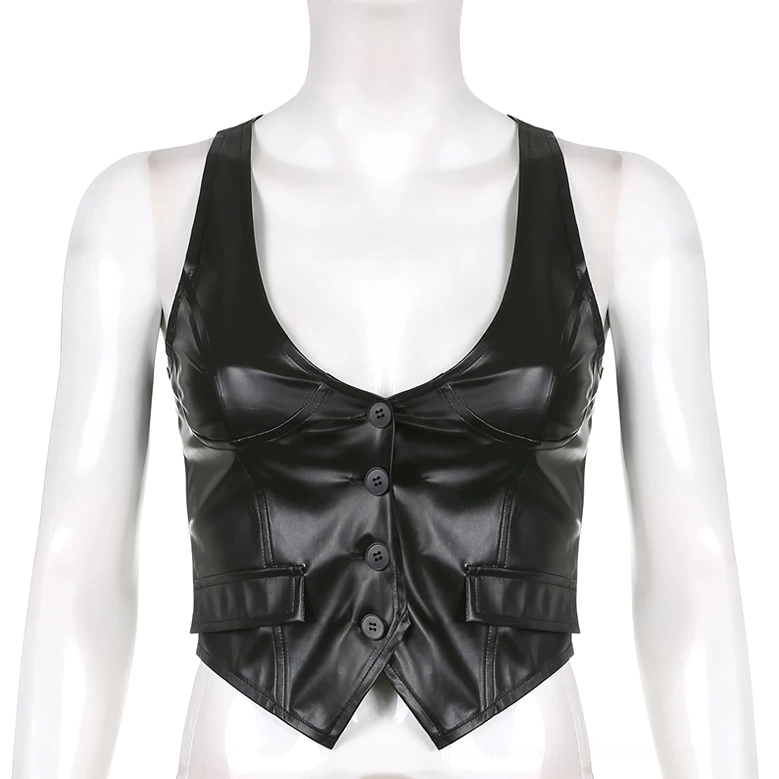 Black PU leather cropped gothic waistcoat on mannequin, slim tailored fit front view