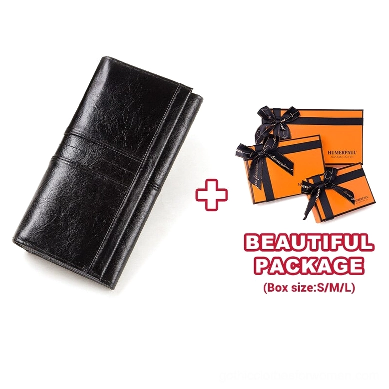 Black compact genuine leather wallet clutch in glossy finish with matching luxury gift box packaging and tissue