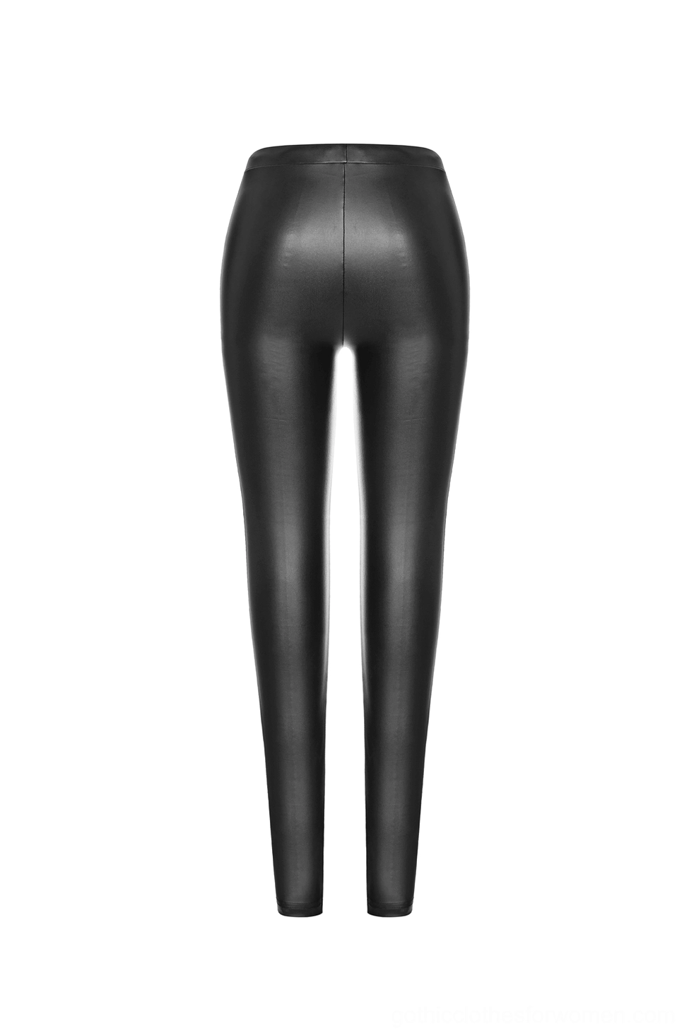 Black faux leather gothic leggings side view flat lay showing tapered leg and fit