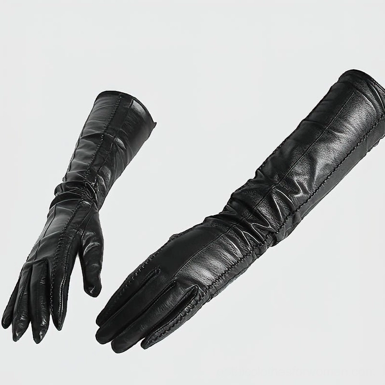 Black sleek long leather gloves elbow-length, flat lay showing refined design perfect for gothic aesthetic