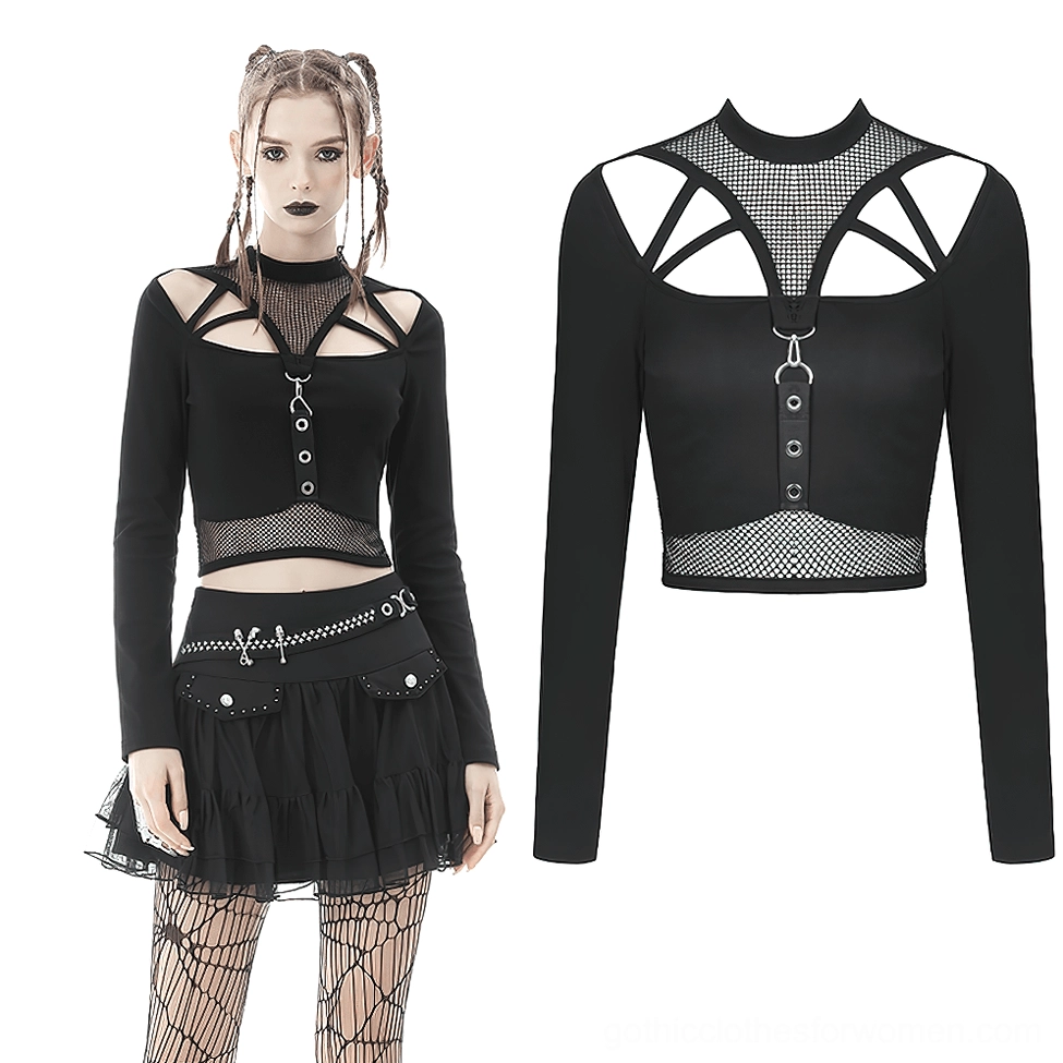 Black gothic long-sleeve crop top with cut-out shoulder straps and fishnet details, front view on small-scale model