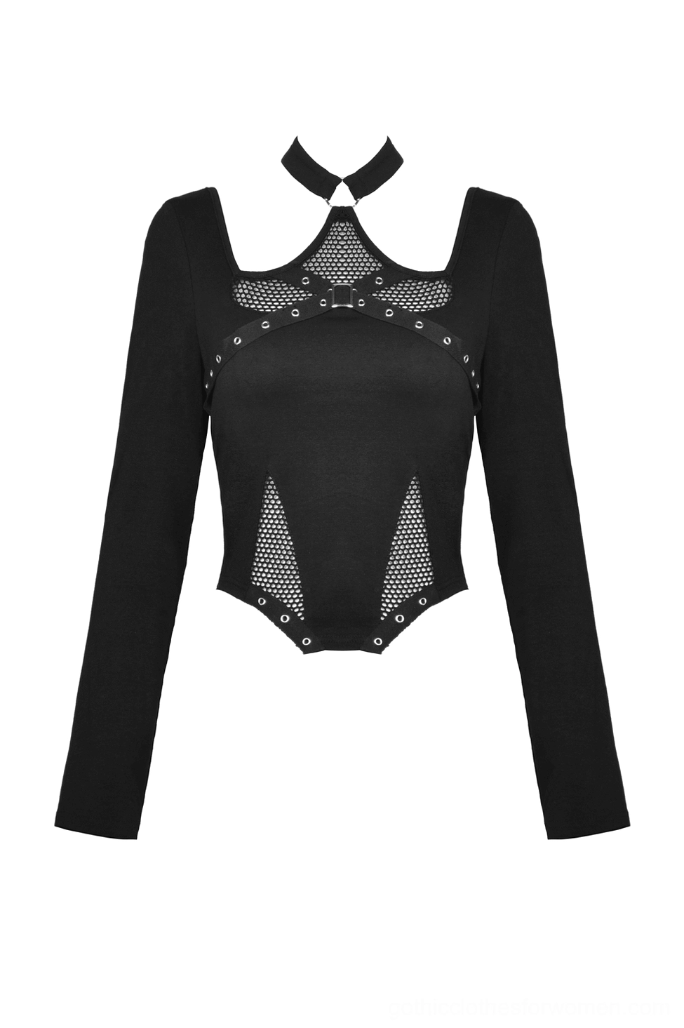 Black long-sleeve gothic crop top flat lay, solid knit fabric, cropped length design, alternative fashion