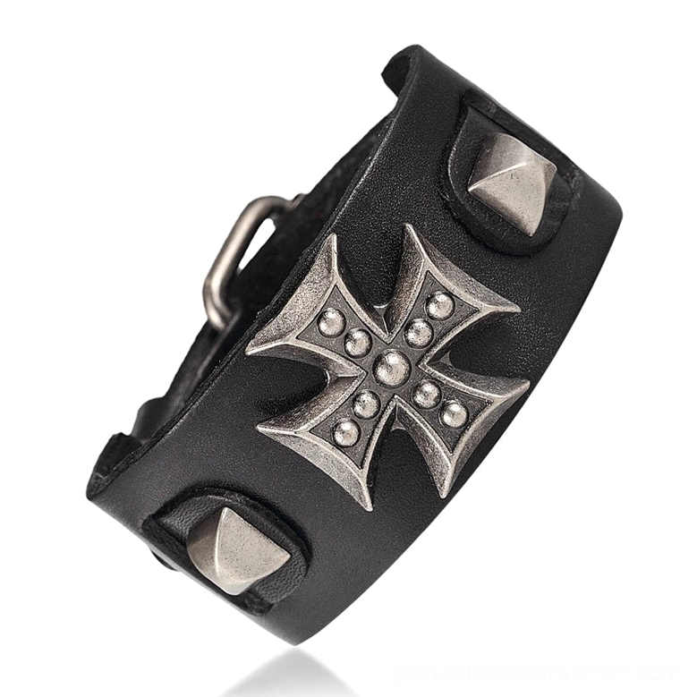 Black leather gothic cross cuff bracelet oblique view showcasing matte texture and silver metal hardware
