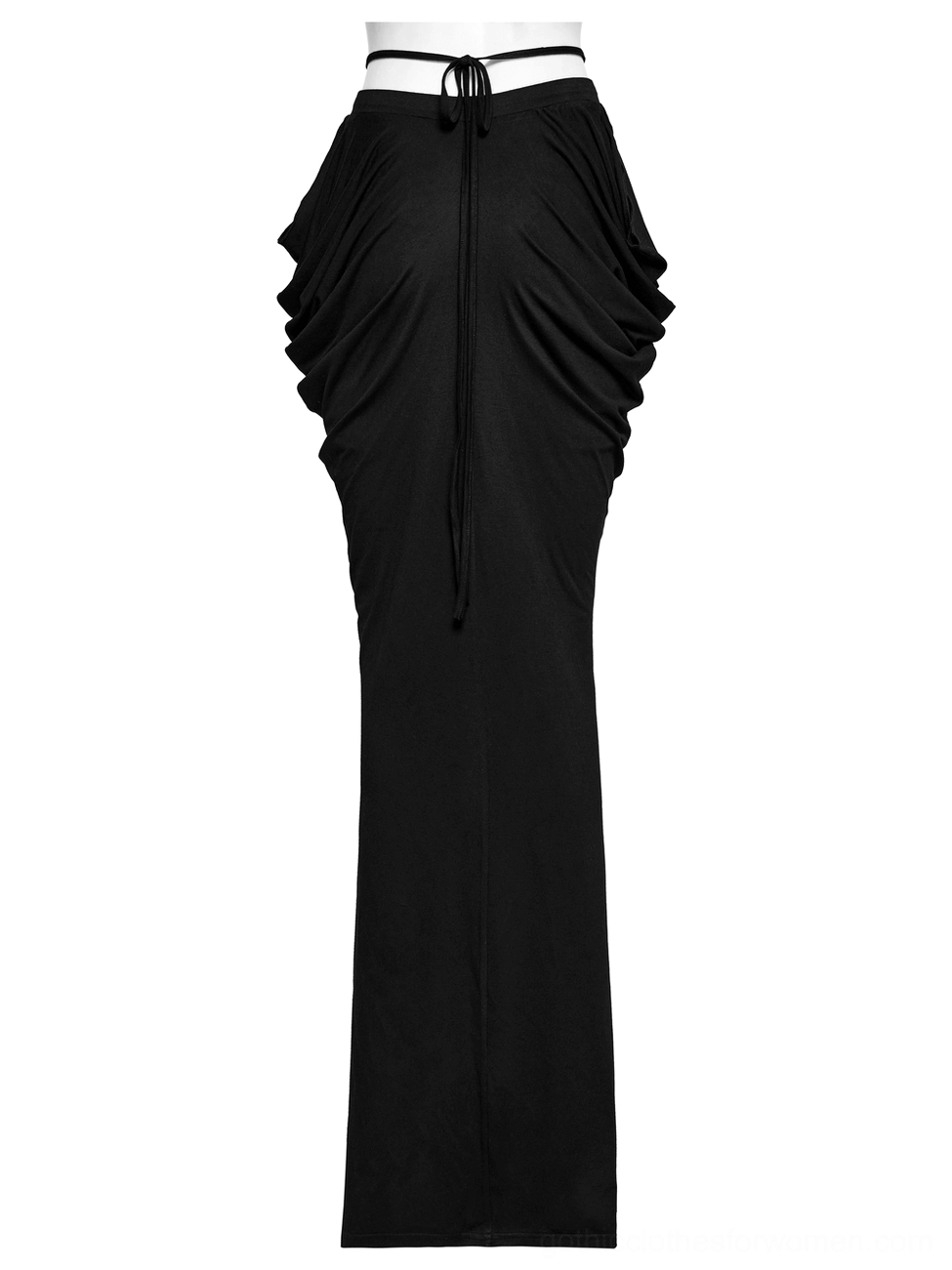 Black lace maxi gothic skirt with drawstring waist and floor-length hem shown from rear on mannequin