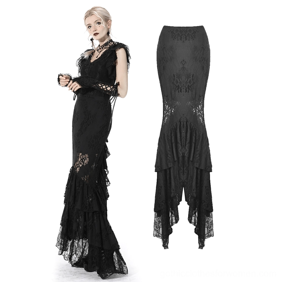 Black lace mermaid skirt flat lay and model shot showing asymmetrical ruffle hem and fitted waist construction
