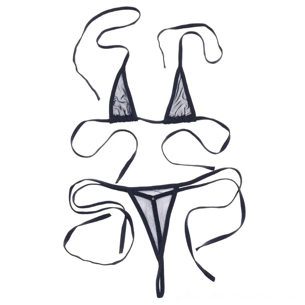 Black sheer mesh bikini lingerie set flat lay, showing halter top and tie-side thong with geometric mesh pattern