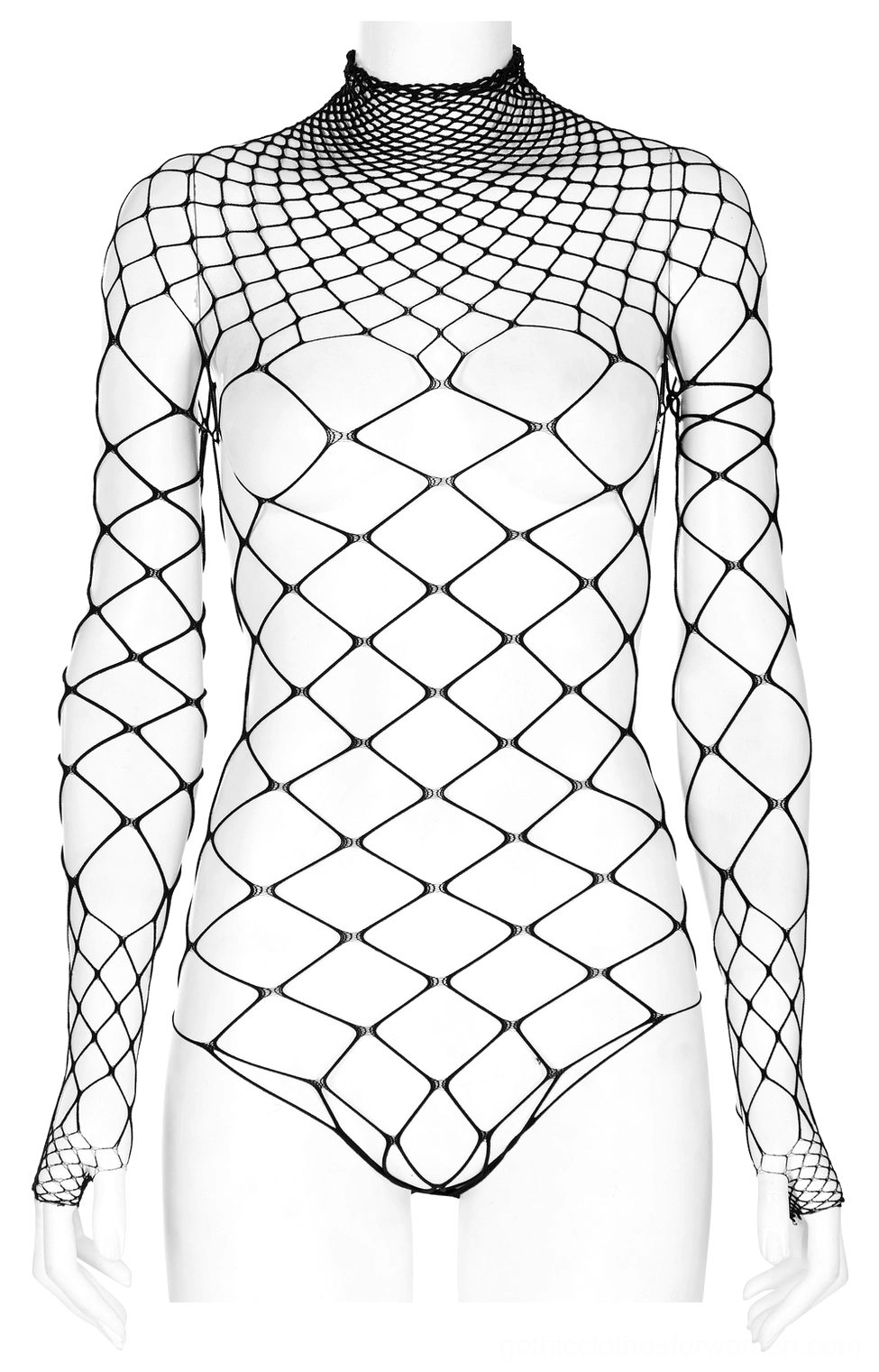 Black gothic mesh bodysuit front mannequin display, fitted silhouette with full long sleeves and high neck construction