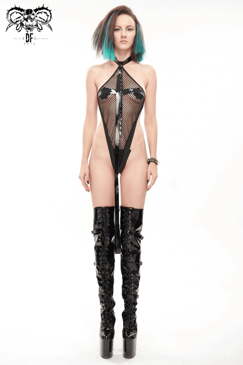 Black halter mesh bodysuit full standing front view on model with matching thigh-high platform boots and wrist accessory