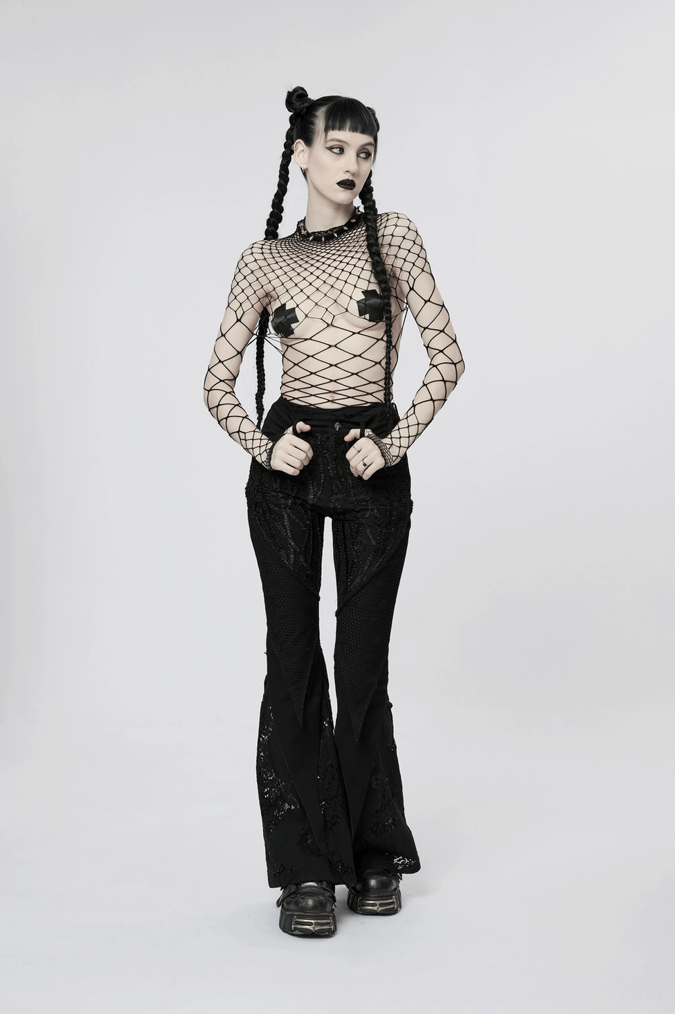 Black mesh fishnet bodysuit primary product image, sheer diamond pattern construction worn by gothic model with styled hair