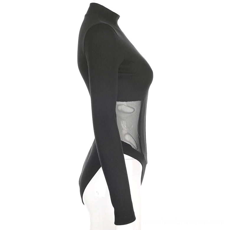 Black mesh bodysuit quality and construction detail - mannequin showing mesh panel placement