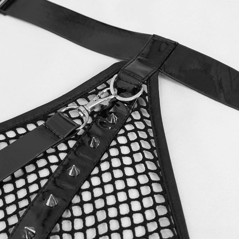 Black halter mesh bodysuit studio product shot showing overall silhouette, halter neckline, and mesh transparency