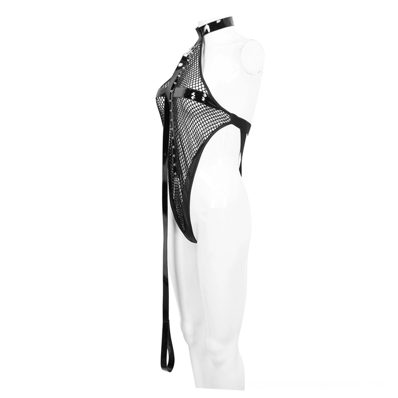 Black halter mesh bodysuit side profile on mannequin, demonstrating fishnet fabric texture and long detachable belt proportions