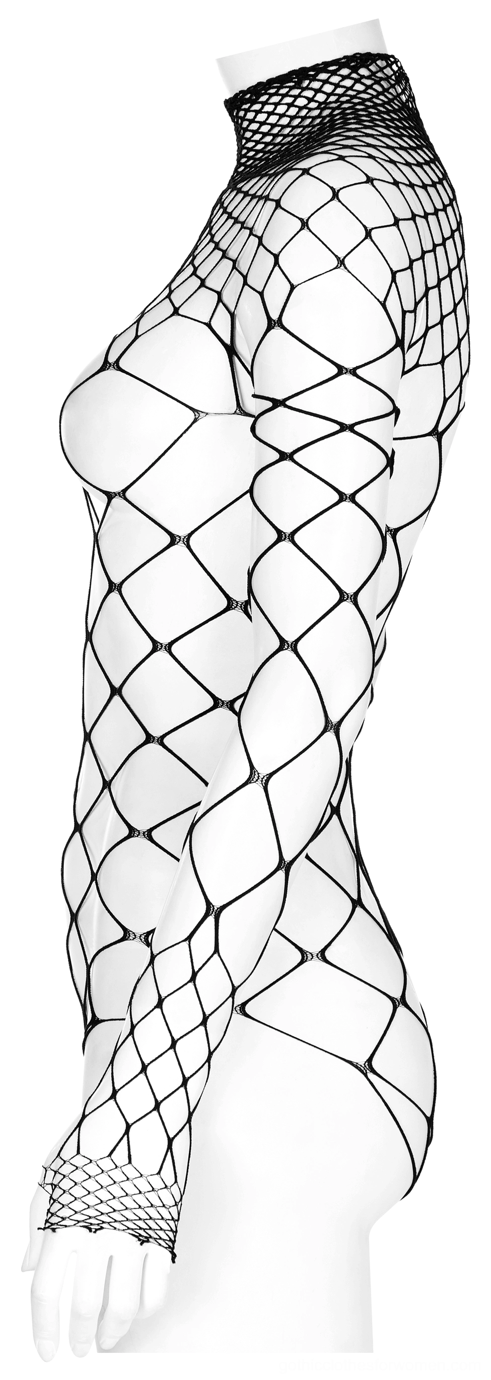 Black sheer mesh bodysuit side view on mannequin, form-fitting silhouette showing transparent diamond fishnet fabric drape