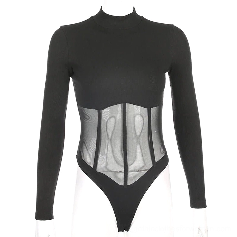 Black mesh long sleeve bodysuit with tight fit and mesh torso panels - mannequin front display