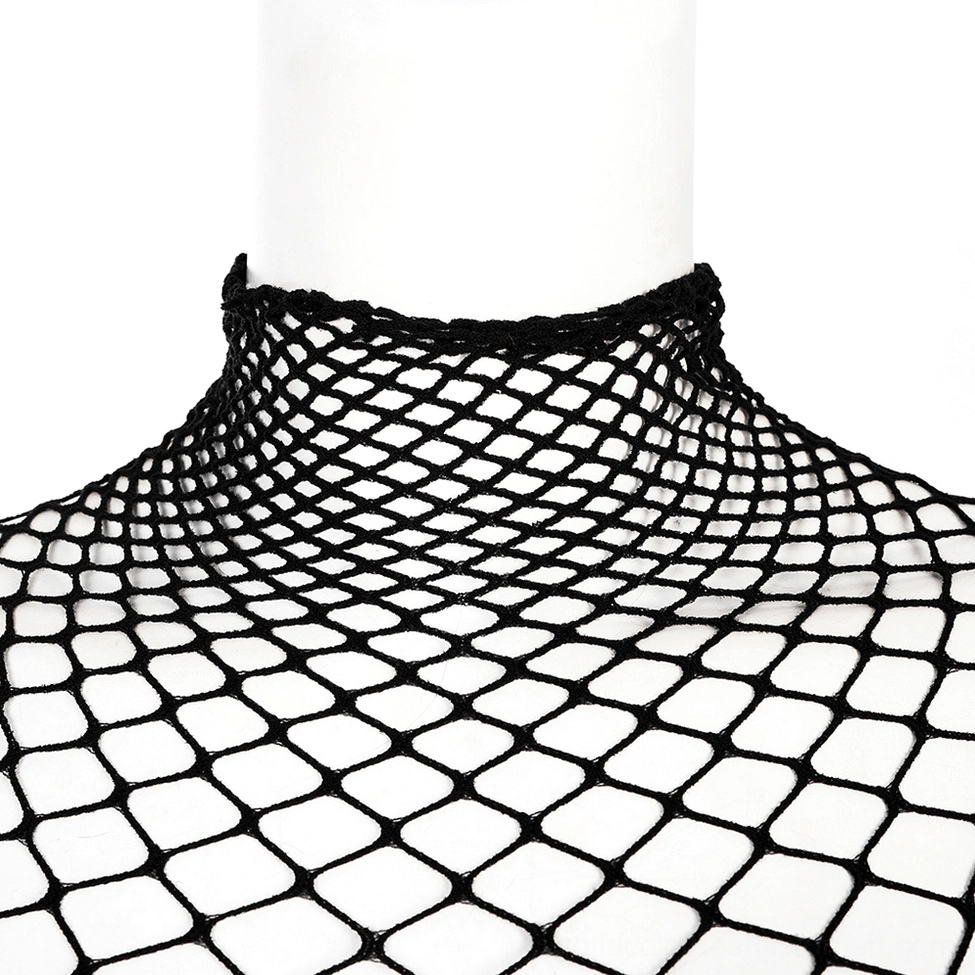 Close-up detail of black fishnet bodysuit high turtleneck collar, woven diamond mesh texture and tight neck construction