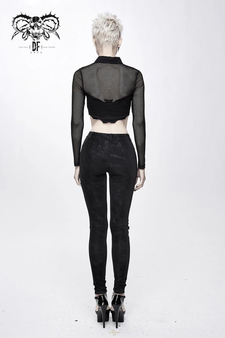 Complete view of black mesh buckle crop top highlighting the mesh sleeves and cropped design
