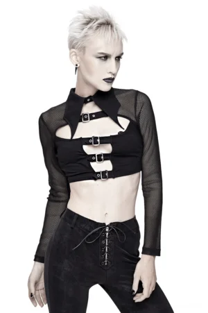 Black mesh crop top with buckle straps and turndown collar, front three-quarter view on model