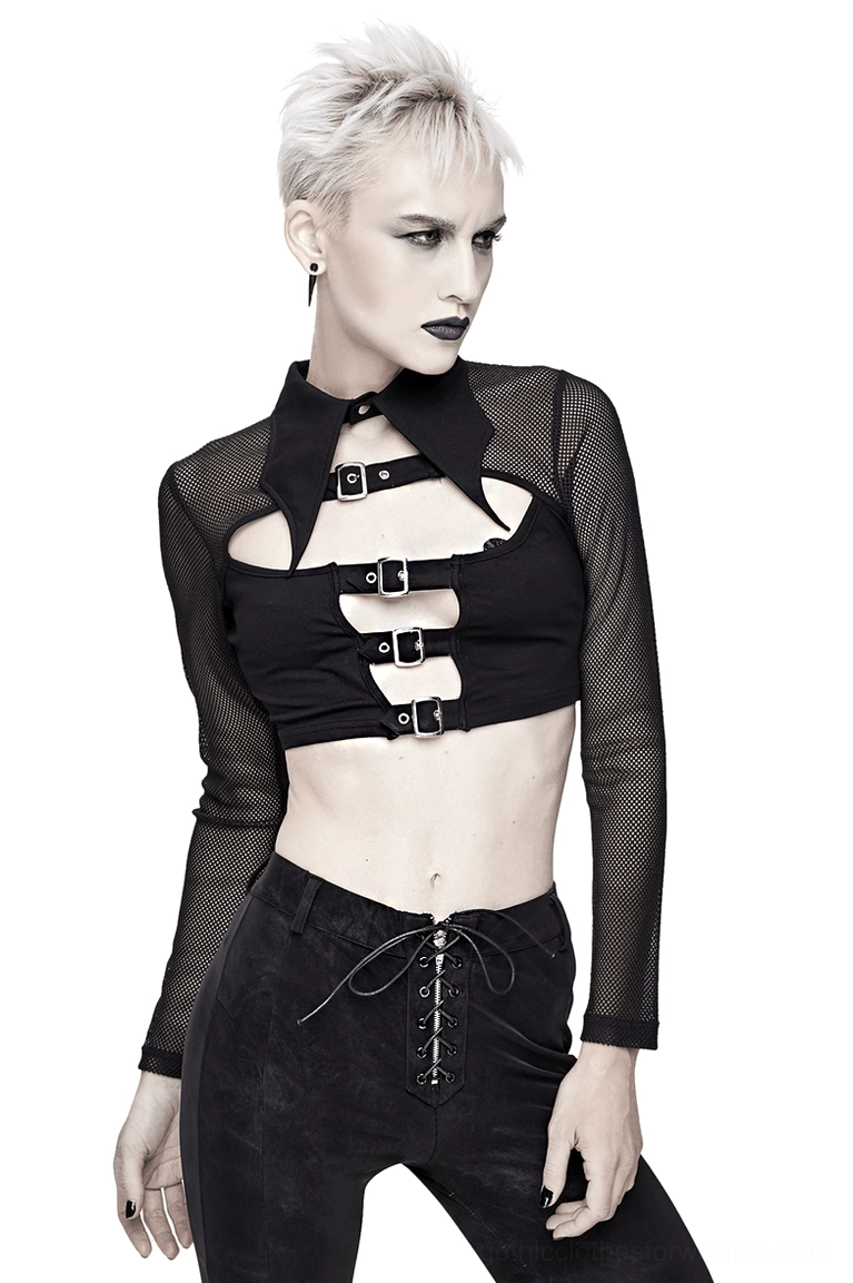 Black mesh crop top with buckle straps and turndown collar, front three-quarter view on model