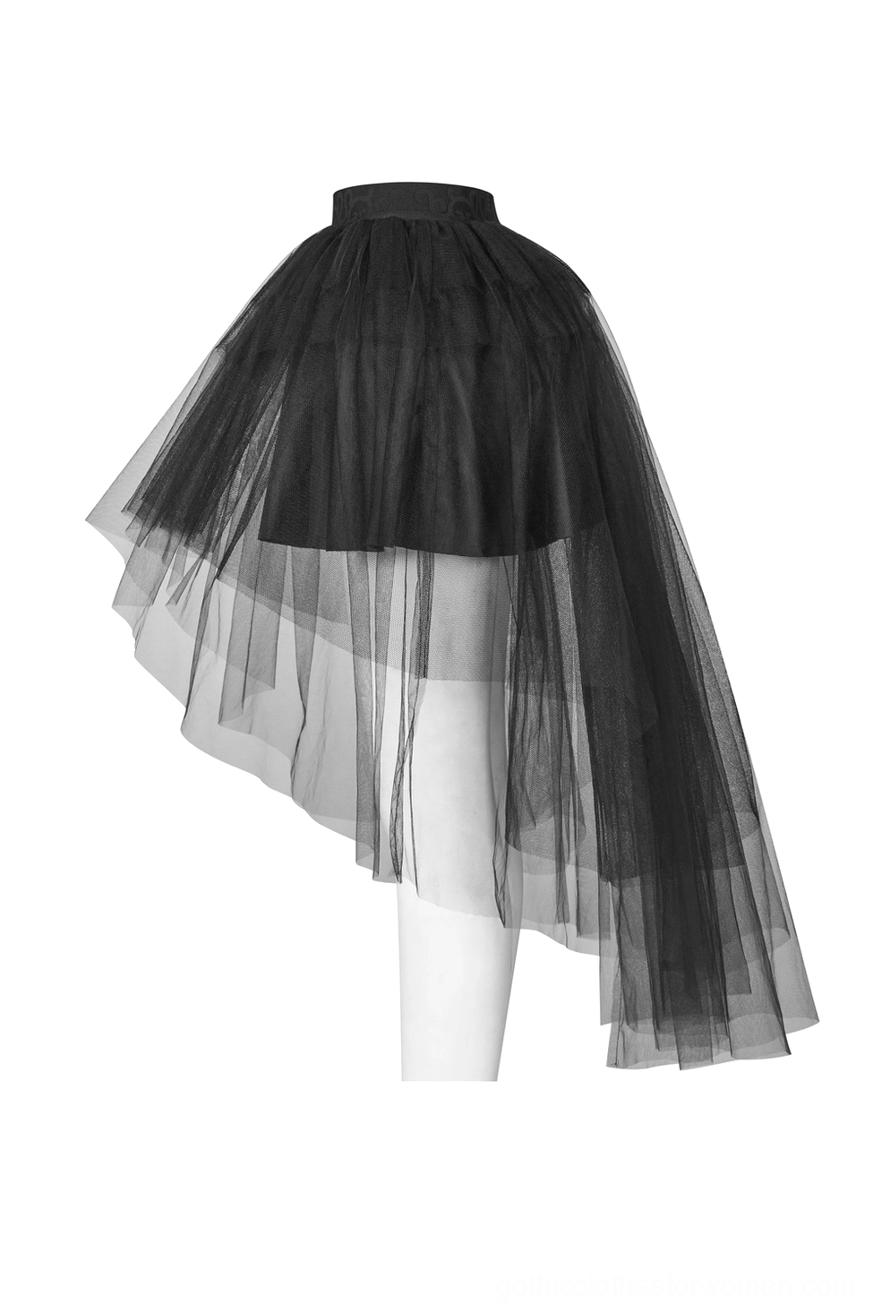 Black gothic bustle skirt on dress form side view showing asymmetrical tulle detail