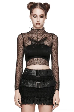 Black gothic mesh butterfly crop top front view on model with double bun hairstyle, sheer long sleeves with lace detail, cropped silhouette