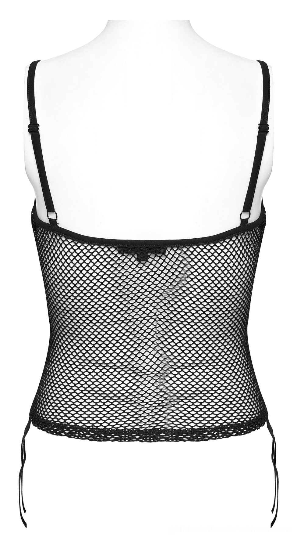 Black mesh cami back mannequin view showing backless cut, side drawstring fasteners, and open mesh construction