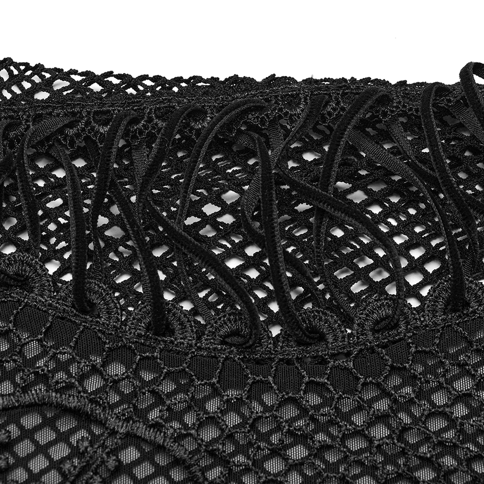 Black mesh gothic camisole with sunflower embroidery, close-up detail of lace and mesh composition and embroidered pattern