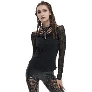 Black chain-print mesh choker top with cold-shoulder design and lace-up neckline - front view