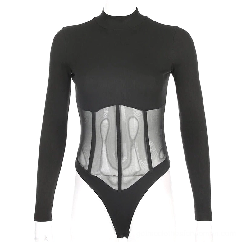 Black mesh panel bodysuit with corset-style waist on display mannequin - front studio view