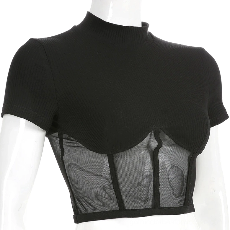 Black mesh corset crop top with ribbed fabric and sheer lower section, dress form view