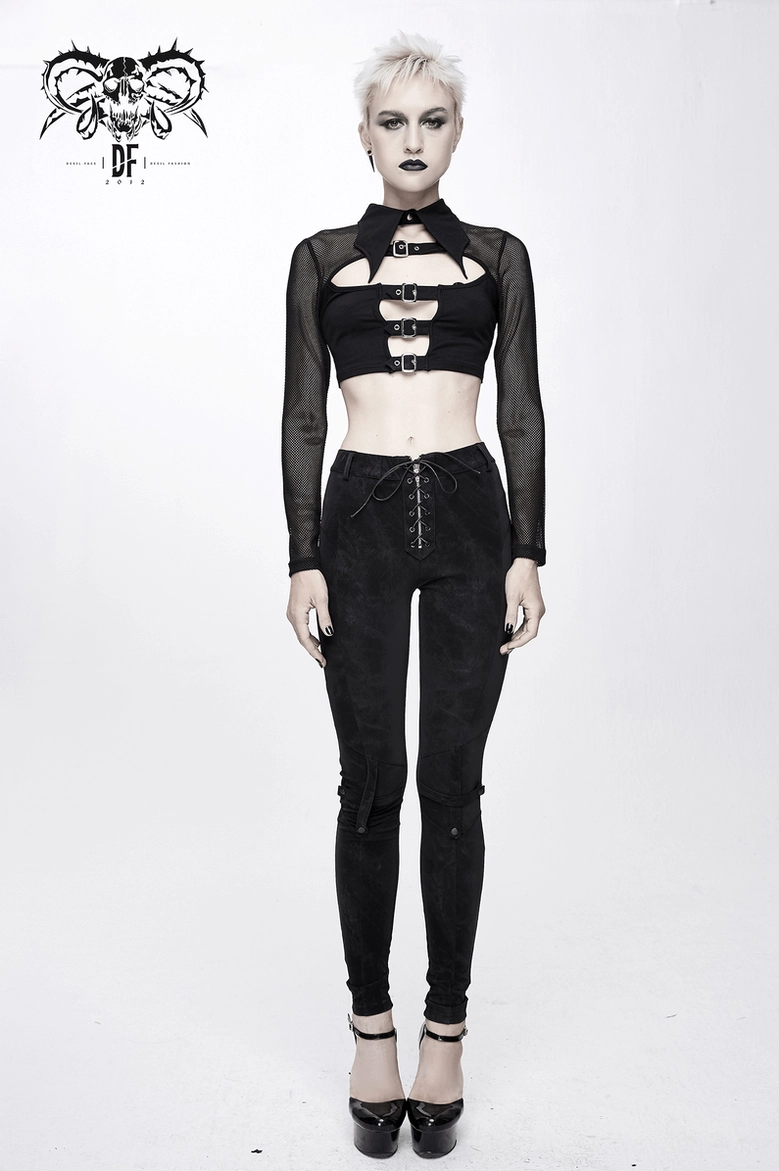 Black mesh crop top flatlay showcasing complete buckle system and cropped silhouette