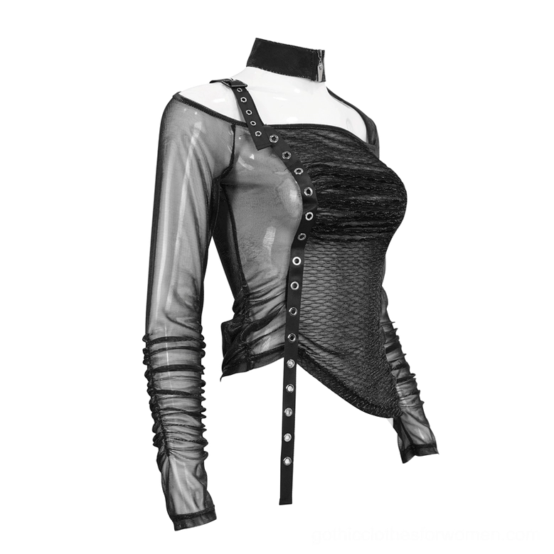 Black gothic one-shoulder mesh crop top on mannequin, side-front view highlighting asymmetrical design and sheer fabric