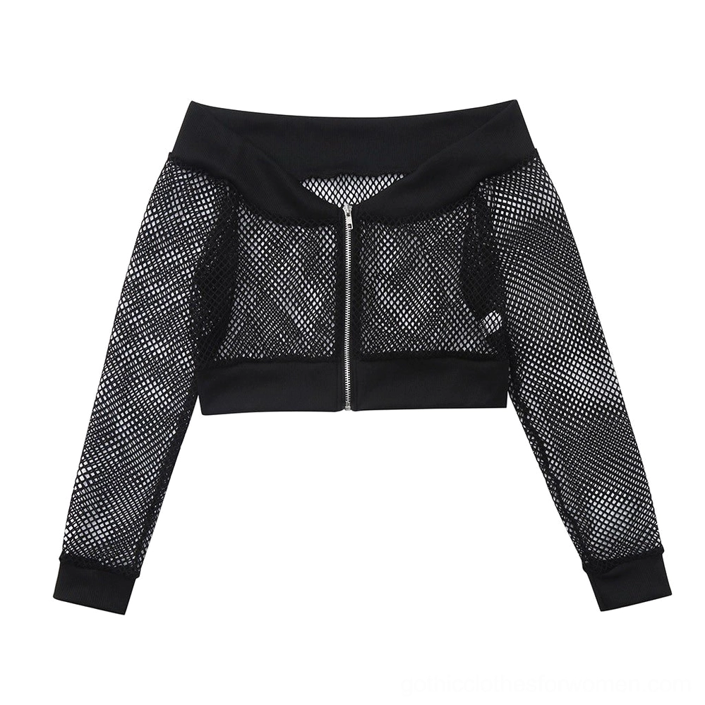 Black mesh crop top back flat lay showing exposed back zipper and all-over fishnet weave