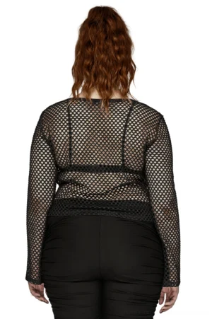 Black sheer mesh crop top back view on model, displaying fitted cropped length and full-coverage mesh back panel