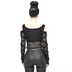 Gothic mesh crop top back view on female model, displaying scoop neckline and exposed mesh waist panel with studs