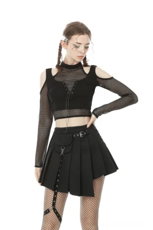 Black cold shoulder mesh crop top with lace-up front and fishnet long sleeves worn by female model with braided pigtails, front three-quarter view on white background