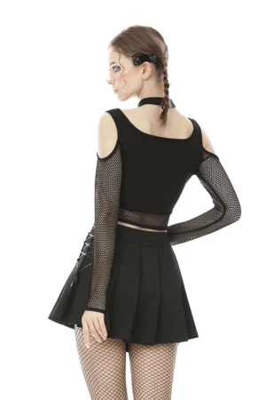 Black cold shoulder mesh crop top with fishnet sleeves and pleated skirt, rear three-quarter view showing back design details