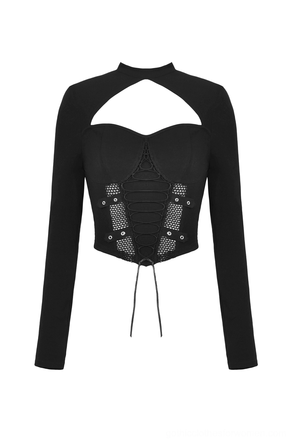 Black mesh crop top flat lay front view showing heart cutout, lace-up panel, and cropped hem