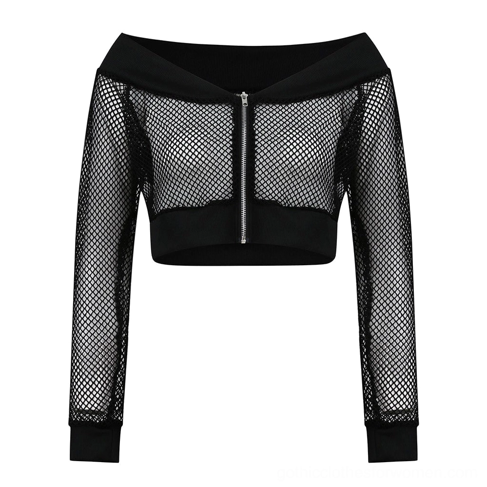 Black mesh crop top flat lay front view showing off-shoulder ribbed collar and front silver zipper detail